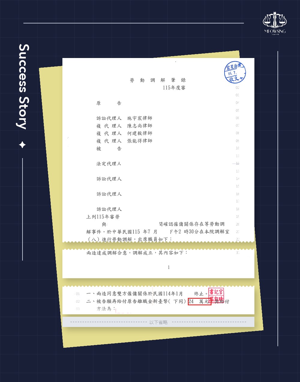 不能勝任工作資遣成功案例:法院勞動調解筆錄節錄,施宇宸律師等擔任訴訟代理人,調解成立公司再給付離職金 240 萬元以上(已遮蔽當事人資訊、金額尾數與日期)