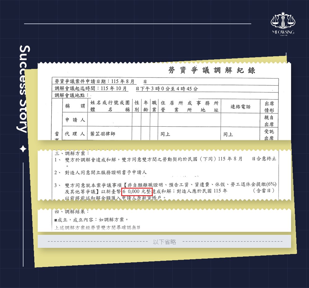 公司不排班成功案例：勞資爭議調解紀錄節錄，葉芷羽律師擔任代理人，調解方案約定以 60 萬元以上的金額達成和解，調解成立（已遮蔽當事人資訊、機關名稱與日期）