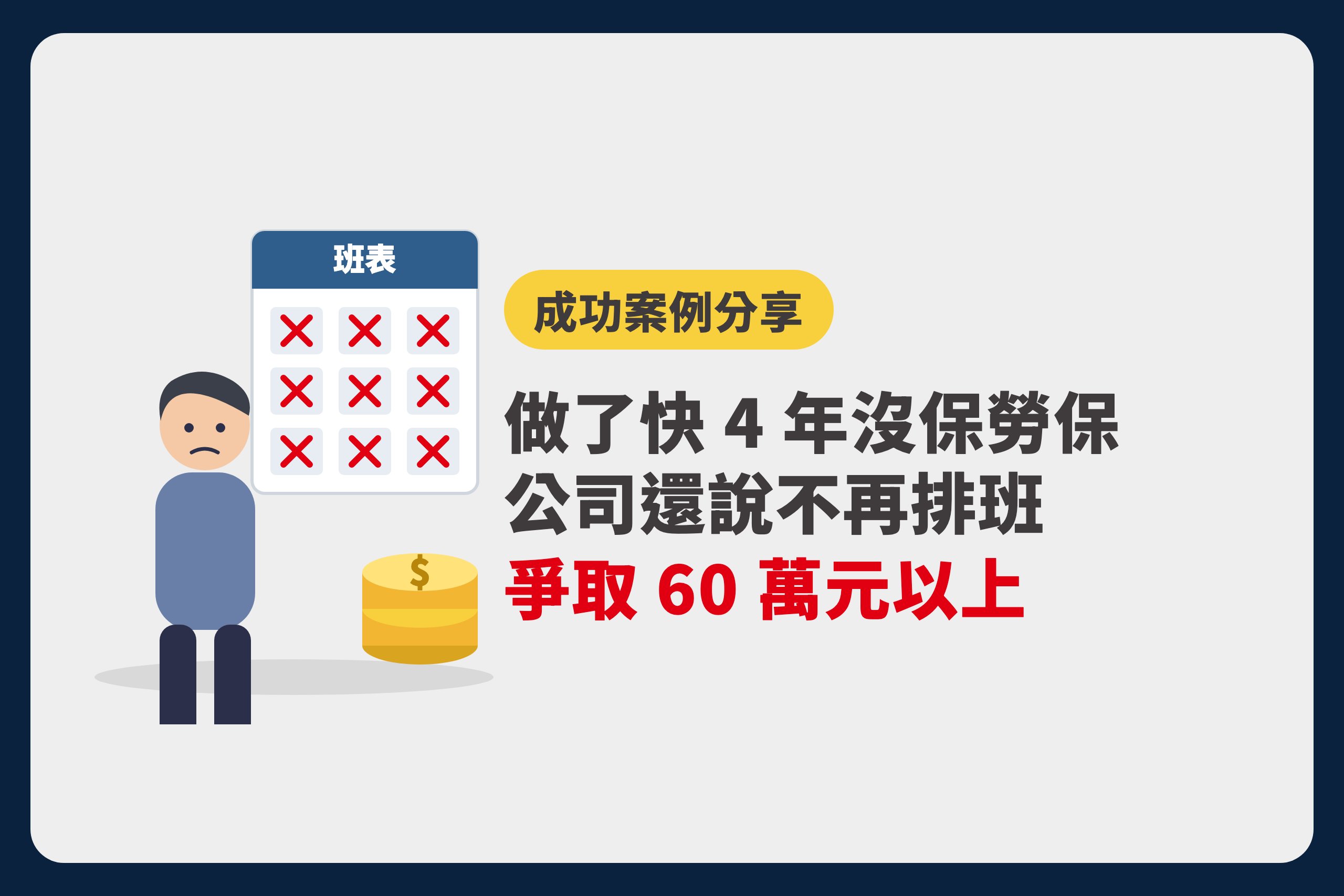 成功案例分享:做了快 4 年沒保勞保,公司還說不再排班,爭取 60 萬元以上