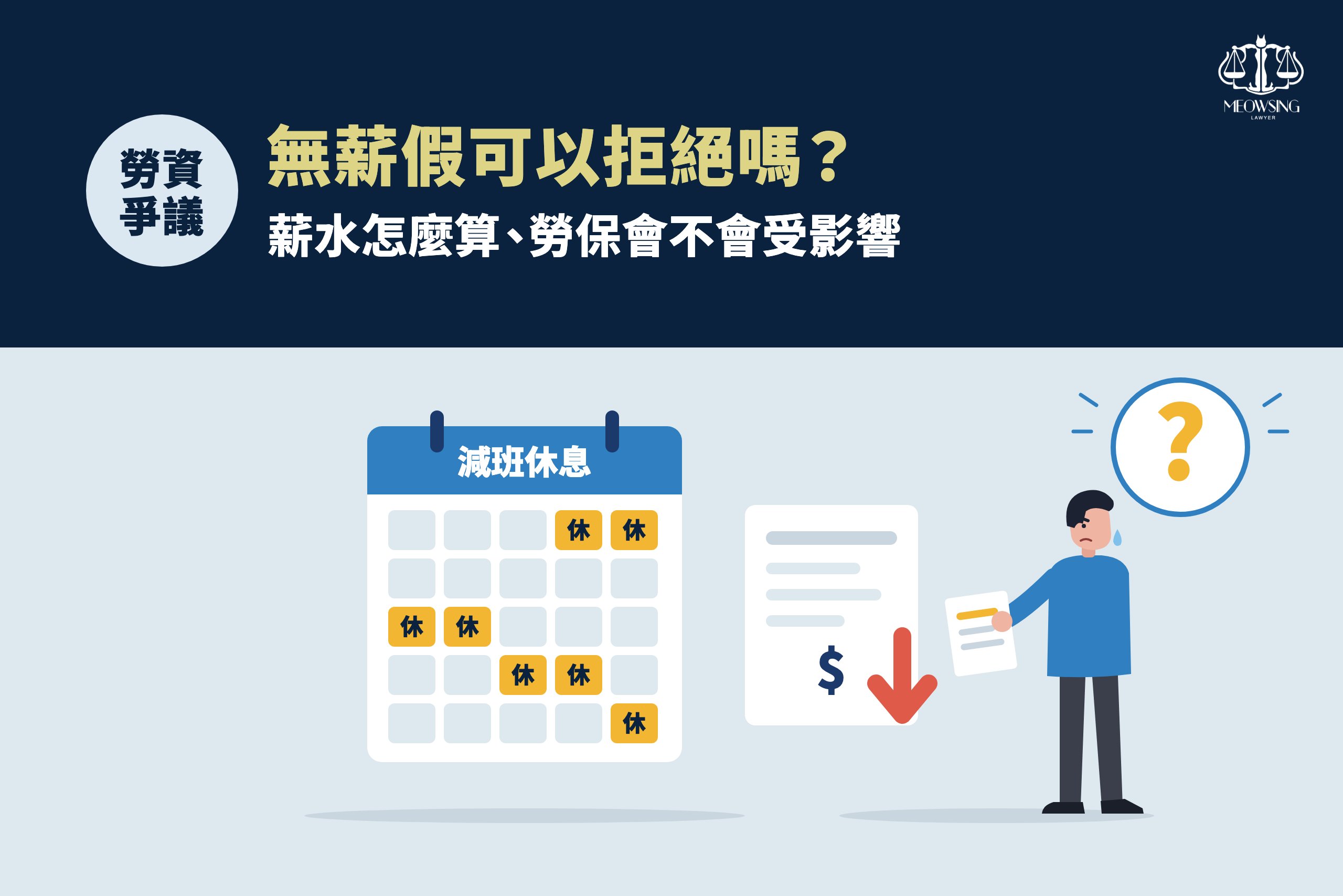 無薪假可以拒絕嗎？封面：減班休息通知、薪資減少的單據與問號，代表薪水怎麼算與勞保影響