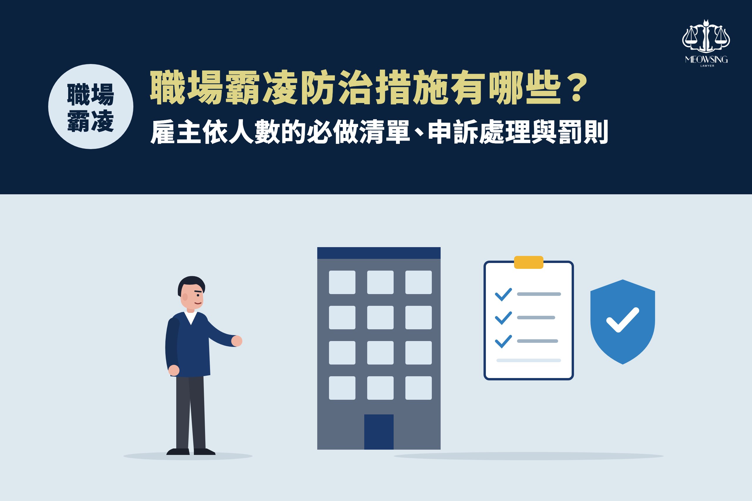 職場霸凌防治措施有哪些？封面：主管指向公司大樓、檢核清單與盾牌，代表雇主防治措施與合規